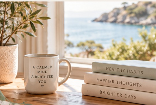A peaceful coastal morning with a cup of tea and books